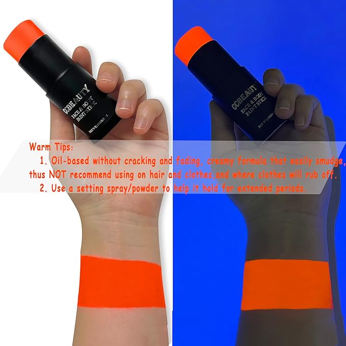 CCbeauty Neon Orange Face Paint Stick, UV Orange Face Painting Kit, Full Coverage SFX Makeup Foundation, Professional Non-Toxic Body Paint for Halloween Costume Cosplay Party, Glow In The Dark Makeup