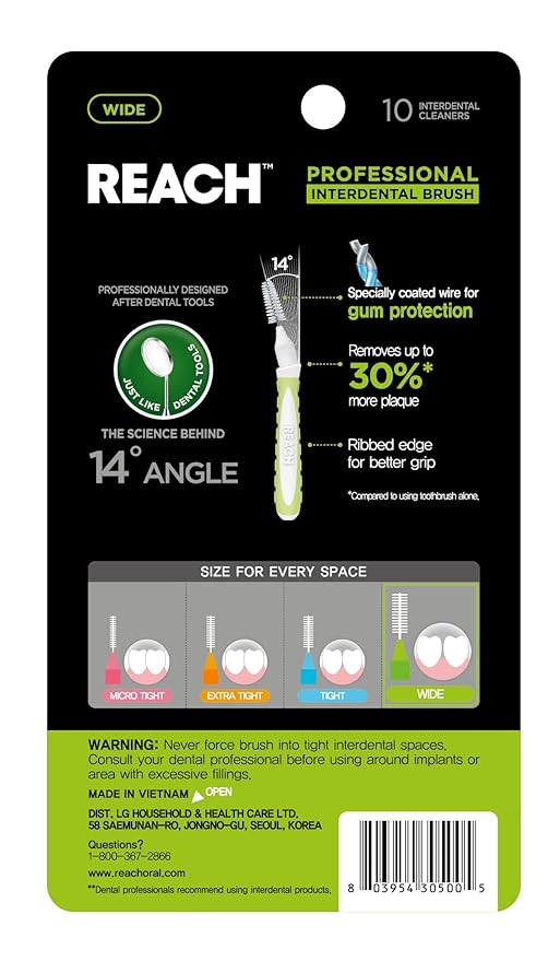 Reach Interdental Brush Cleaners, 1.3mm, Wide, Sensitive Gum Protection, Plaque Remover for Teeth, Braces Flossers, Braces Brush, Dental Toothbrushes, Oral Care, 6 Pack, 10 Count