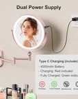 9" Wall Mounted Lighted Makeup Mirror,4000mAh Rechargeable Double Sided 1X/10X Magnifying Mirror with Light,3 Color Lights,Touch Dimmable,Extended Arm 360 Rotation Wall Mounted Makeup Mirror