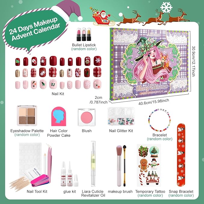 Makeup Advent Calendar 2025 Teens Girl, 24 Days Christmas Countdown Face Eyes Lip Nail Beauty Advent Calendar for Girls Women, 24 Pcs Xmas Holiday Makeup Gifts Sets, Festival Surprise Full Makeup Kits