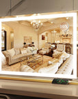 ROLOVE Vanity Mirror with Lights, 32" x 22" Large Lighted Vanity Mirror with Dimmable 3 Modes, LED Makeup Mirror, 10X Magnification, USB Charging Port, Tabletop or Wall-Mounted Square Gold