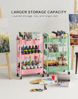 3 Tier Rolling Cart on Wheels, Metal Utility Storage Cart with Wheels, Three Tiered Craft Carts Organizer with Hanging Cups, Hooks, Mesh Basket for Bedside, Kitchen, Bathroom, Office, Art, Snack, Pink