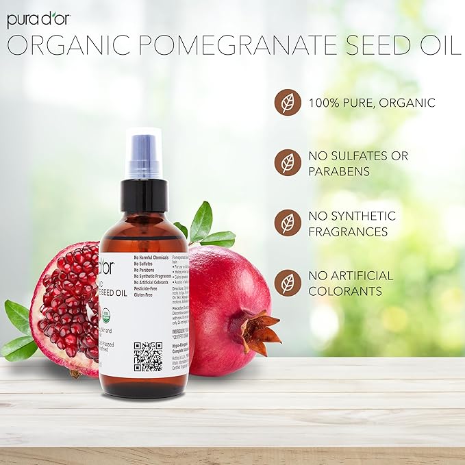 PURA D'OR 4 Oz ORGANIC Pomegranate Oil - 100% Pure USDA Certified Premium Grade, Cold Pressed Body Oil - Rich in Antioxidants - Face and Skin - Hair Moisturizer For Men and Women