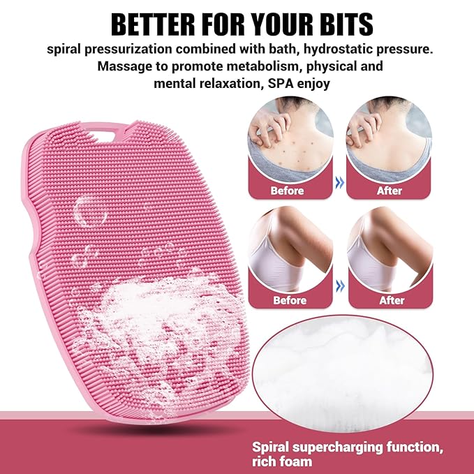 Zinc Infused Silicone Body Scrubber for Shower,Food-Grade Handheld Cleansing Skin Brush, Gentle Exfoliating and Lather Well - Pink