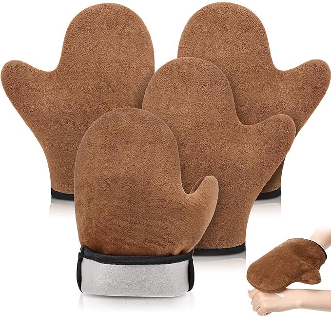 SATINIOR 4 Packs Self Tanning Mitt Applicators Double Sided Sunless Tanning Mittens Reusable Applicator Mittens Tanner Gloves with Thumb(Brown)
