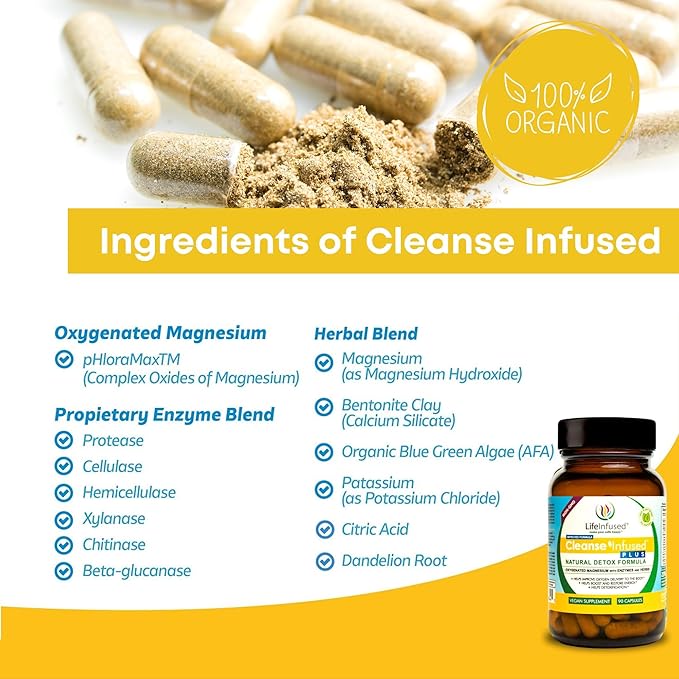 Life Infused Cleanse Infused Plus - Premium Natural Colon Cleanser with Oxygenated Magnesium, Herbs, and Enzymes, Helps Relieve Constipation Gently, Detoxifies Blood, Colon, Liver & Kidneys (90 Caps)