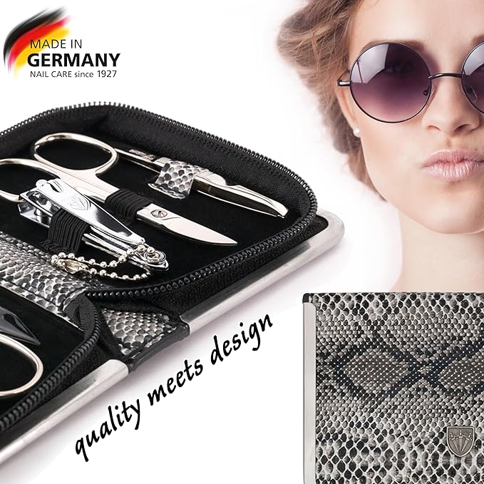 3 Swords Germany - brand quality 6 piece manicure pedicure kit set for professional finger & toe nail care with synthetic leather case - Made in Germany - snake optics
