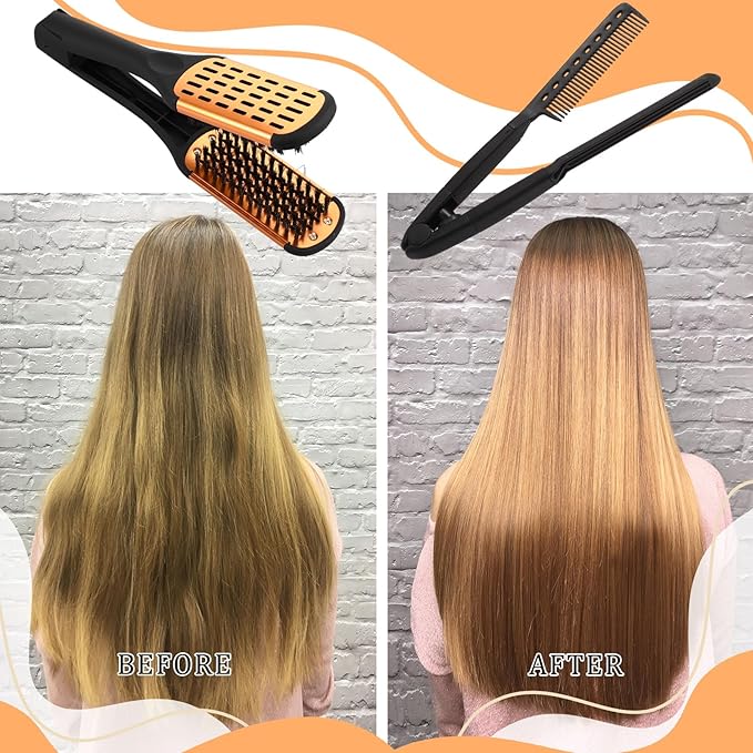 CHENGU 2 Pcs Hair Straightening Combs, Boar Bristles Clamp Double Sided Brush & V Shaped Styling Hair Comb, For Straightening Knotty Unkempt Hair (Gold, Black)