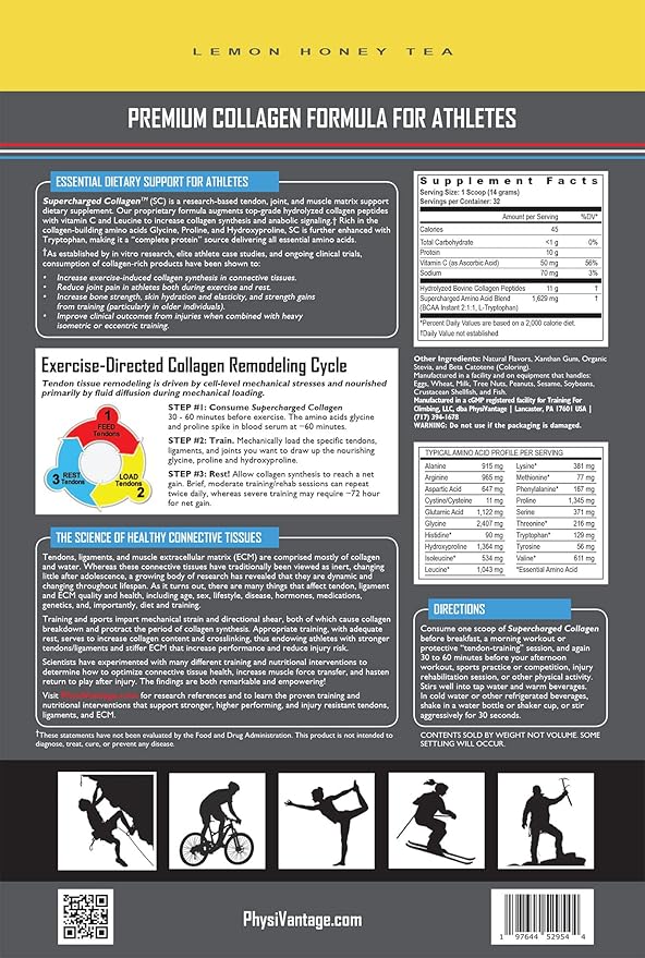 PhysiVantage Supercharged Collagen Peptides Powder - Hydrolyzed Collagen for Joint, Tendon, Ligament, & Skin Health - Lemon Honey Tea, Keto, Paleo, 16oz | Enhanced with Vitamin C, BCAAs, Grass-Fed