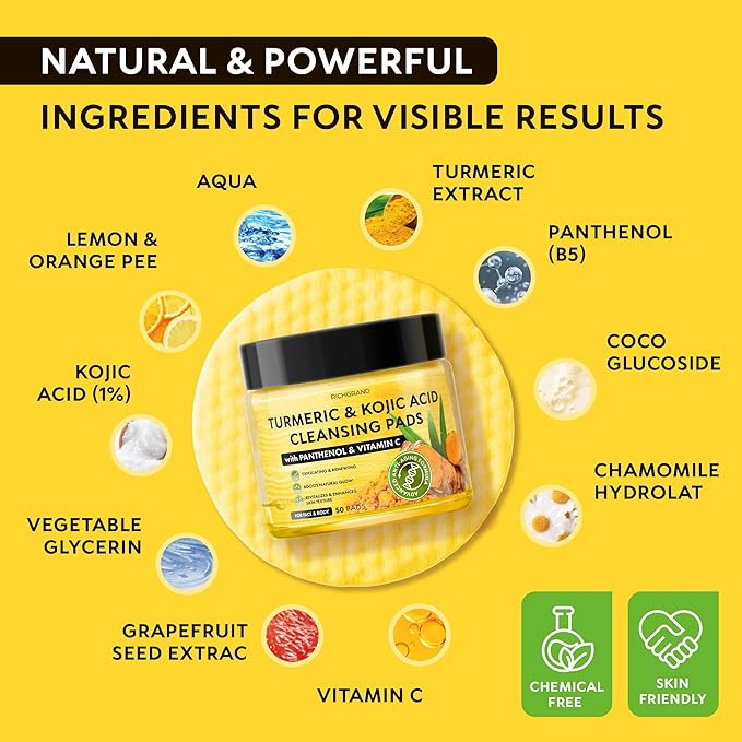 Turmeric Kojic Acid Cleansing Pads - Exfoliating Turmeric Pads for Face Dark Spots, Discoloration - Daily Skin Care for Men & Women - Natural Glow Facial Wash
