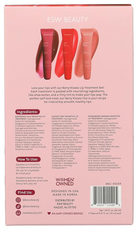 ESW Beauty Berry Kisses Lip Treatment Set – Raspberry Acai, Cherry Tart & Strawberry Banana – Hydrating, Smoothing & Protective Lip Gloss Set