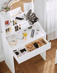 LIKIMIO Small Makeup Vanity Desk with Mirror and Lights, Vanity Table Set with Storage Drawer, Chair and Three Shelves, Bedroom, White