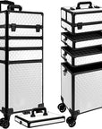 5 in 1 Rolling Makeup Train Case on Wheels Large Cosmetic Organizer Travel Cart for Women Beauty Salon Barber Hairstylist White