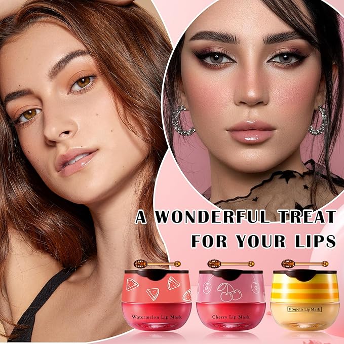Honey Pot Lip Balm,3PCS Bee Lip (Honey+Watermelon+Cherry)