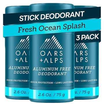 Oars + Alps Deodorant for Men & Women, Aluminum Free Deodorant for Men, Dermatologist Tested, Clean Ingredients, Non Toxic, Vegan, Long Lasting, Odor Protection, Fresh Ocean Splash, 3pk, 2.6oz