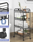 TOOLF 4-Tier Rolling Cart, Metal Utility Cart with 3 Hooks, Easy Assemble Mobile Storage Trolley On Wheels, Metal Shelving Units Kitchen Bathroom Laundry Room