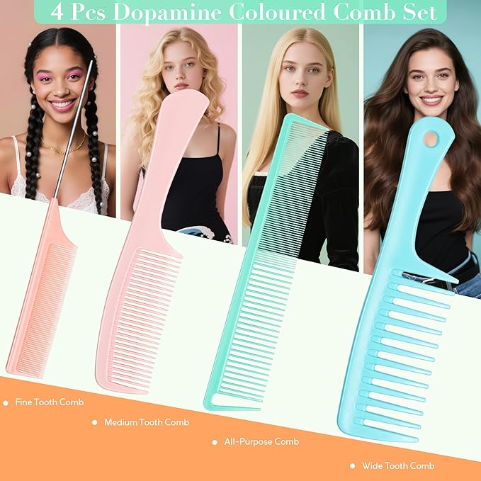 SALONSILK Dopamine Colorful 4PCS Professional Comb Set, Wide Tooth Rat Tail Fine Tooth Hair Combs, Braiding Cutting Barber Styling Curly Parting Set for Men and Women