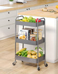 TOOLF 3-Tier Metal Rolling Cart with Wheels, Storage Utility Organizer Cart for Kitchen, Bathroom, Office, Baby Essentials & Makeup - Lockable Casters, Easy Assembly, Large Capacity, Gray