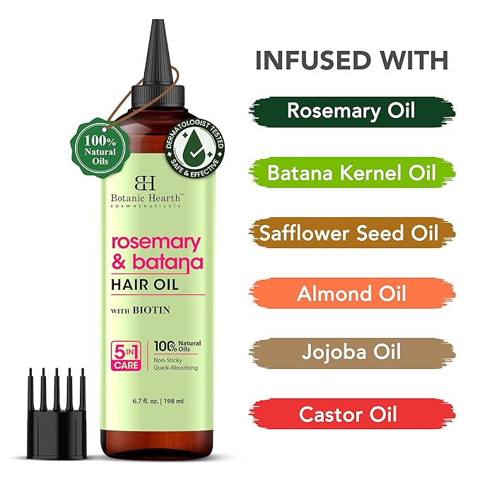 Botanic Hearth 100% Pure Rosemary Batana Oil For Hair Growth | Infused with Biotin, Jojoba & Castor Oil | Hair Oil Repairs Dry Damaged Hair, Strengthening, Healthier - Hair Tonic, 6.7 fl oz