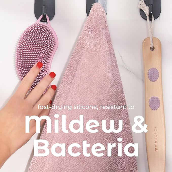 MainBasics Silicone Body Scrubber – Dual-Sided Shower Exfoliator for Men & Women, Gentle Silicone Loofah Alternative for Deep Clean (Pink, Exfoliate)