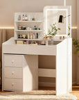 White Makeup Vanity Desk with LED Mirror & Movable Storage Cabinet, 3-Tier Open Shelves, 5 Drawers, Adjustable 3-Color Lighting for Bedroom