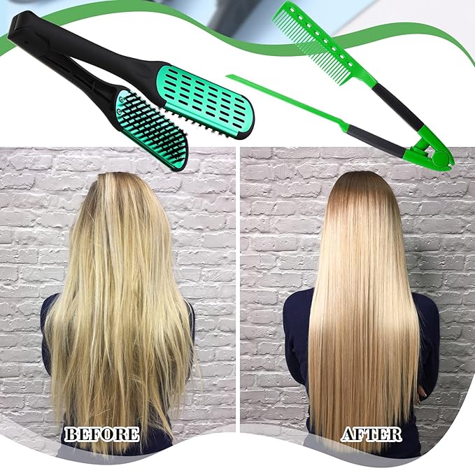 Chengu 2 Pcs Boar Bristles Double-Sided Brush and Flat Iron Comb for Hair Straightening, Styling, and Detangling Knotty Hair (Black, Green)
