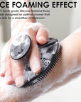 INNERNEED Food-Grade Soft Silicone Body Scrubber Shower Brush Handheld Cleansing Skin Brush, with Exfoliating Net Sponge Case (Black Brush)