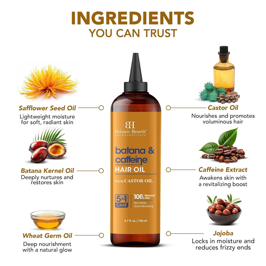 Botanic Hearth Caffeine & Batana Oil for Hair Growth Hair Oil (6.7 fl oz) | Revitalizing and Strengthening Hair Treatment for Fuller, Healthier Looking Hair | Suitable for All Hair Types
