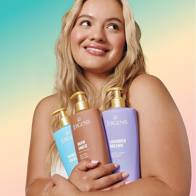 Jergens Shea Fusion Body Lotion Dual Pack, Moisturizer with Shea Butter and Vitamin E, Vanilla Crush 14 fl oz and Warm Amber 14 fl oz, Pack of 2