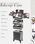 Professional Rolling Makeup Case with Wheels, 5-in-1 Makeup Train Case, Cosmetic Makeup Trolley Cart Travel Cosmetology Case On Wheels with Key for Hairstylists, Nail Tech(Black Crystal)