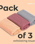 MainBasics Exfoliating Shower Towel - Japanese Nylon Bath Towel and Body Washcloth, Quick-Dry, Durable, Deep Exfoliation (Set of 3, Coral Reef)