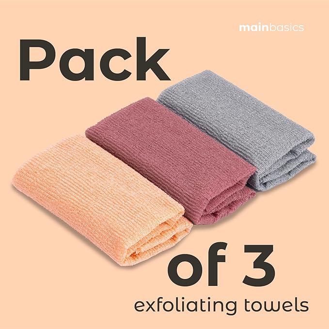 MainBasics Exfoliating Shower Towel - Japanese Nylon Bath Towel and Body Washcloth, Quick-Dry, Durable, Deep Exfoliation (Set of 3, Coral Reef)