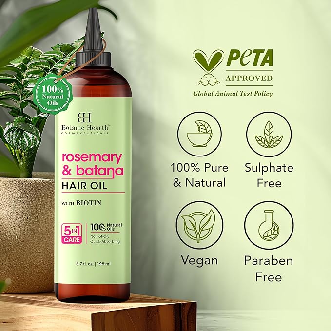 Botanic Hearth 100% Pure Rosemary Batana Oil For Hair Growth | Infused with Biotin, Jojoba & Castor Oil | Hair Oil Repairs Dry Damaged Hair, Strengthening, Healthier - Hair Tonic, 6.7 fl oz