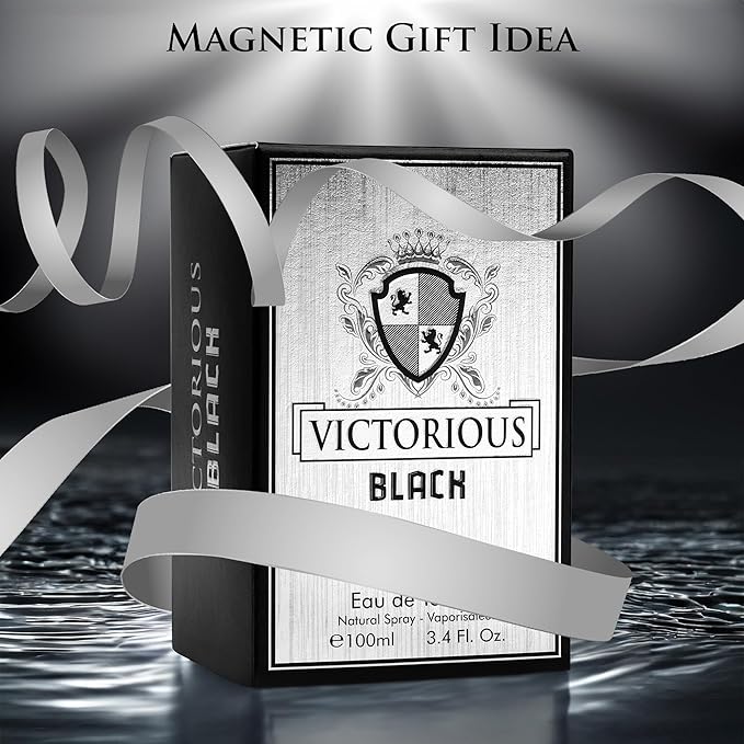 Victorious Black for Men Eau De Toilette 3.4 Fl Oz- Top Notes of Juicy Mandarin Orange & Grapefruit Blended with Sea Notes Base Notes of Ambergris, Guaiac Wood, Patchouli & Moss Elegant 100ml Bottle