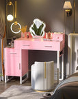Vanity Desk with 4 Storage Drawers - Modern Makeup Vanity Table with Charging Station, Pink Vanity Desk with Reversible Cabinet Dressing Table Set with Divided Organizers for Women Girls, Pink & White