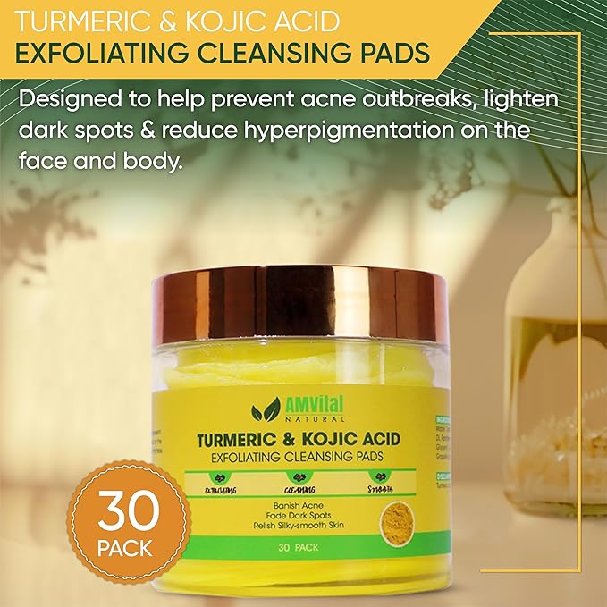 AMVital Turmeric Kojic Acid Cleansing Pads - Gently Exfoliates, Brightens & Evens Skin Tone - Hydrating Turmeric Exfoliating Cleansing Pads for Face - Nourishing Kojic Acid Cleanser
