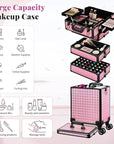 AROUS 5 in 1 Rolling Makeup Train Case Cosmetology Case on Wheels Large Cosmetic Organizer Travel Cart for Hairstylist Artist Nail Beauty Salon Barber,Pink