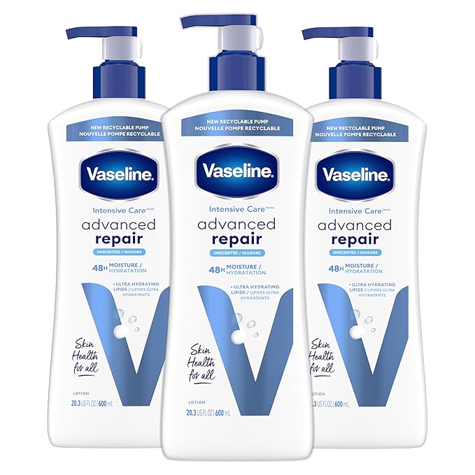 Vaseline Intensive Care Unscented Advanced Repair Body Lotion - Ultra-Hydrating with Lipids for Extremely Dry Skin, 20.3 oz, Pack of 3