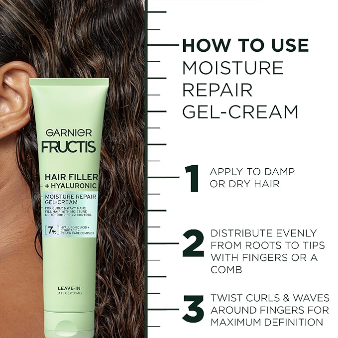 Garnier Fructis Hair Filler Moisture Repair Gel-Cream, Hair Gel for Curls and Waves with Hyaluronic Acid, 5.1 Fl Oz, 1 Count