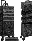 Profesional Rolling Makeup Train Case with Lid, 5 in 1 Cosmetology Case on Wheels, Large Cosmetic Trolley Organizer Travel for Hairstylist Artist Nail Beauty Salon Barber, Black Ink