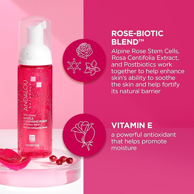 Andalou Naturals 1000 ROSES Gentle Cleansing Foam Face Wash, Hydrating Foaming Facial Cleanser with Rosewater & Aloe for Women & Men, Non Toxic, Vegan
