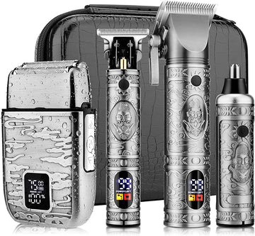 Professional Hair Clippers for Men,Hair Clippers+T-Blade Trimmer+Electric Shaver+Nose Hair Trimmer Set,4 in 1 Cordless Barber Hair Cutting Kit LCD Display Gifts (Gray)