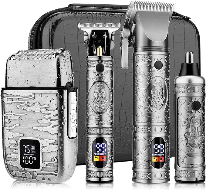 Professional Hair Clippers for Men,Hair Clippers+T-Blade Trimmer+Electric Shaver+Nose Hair Trimmer Set,4 in 1 Cordless Barber Hair Cutting Kit LCD Display Gifts (Gray)