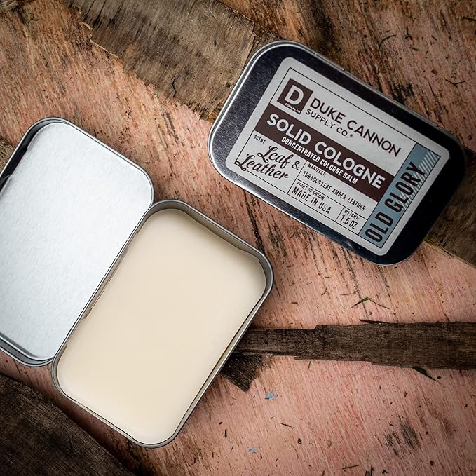 Duke Cannon Solid Cologne - Old Glory Premium Concentrated Cologne Balm, Fresh Tobacco, Amber, and Leather Scent, 1.5 oz. Travel Tin