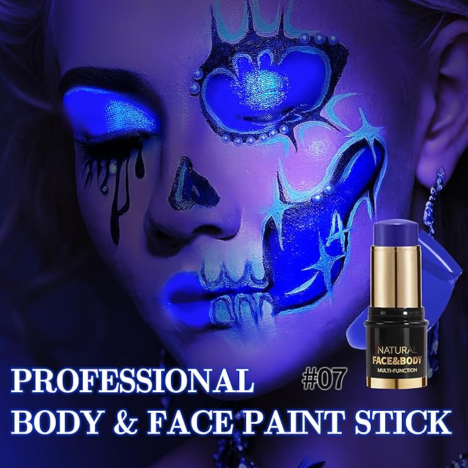 UV Neon Dark Blue Face Body Paint Stick, Colored Professional Full-Coverage Oil-Based Eye Black Stick for Halloween Cosplay Christmas, Facepaint Foundation Makeup Glow in the Dark Party Supplies-07