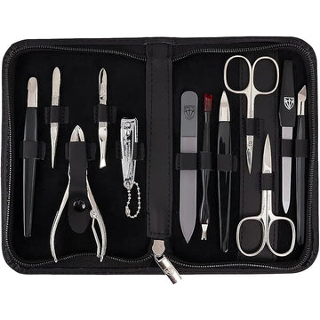 3 Swords Germany – Brand Quality 12 Piece Manicure Pedicure Grooming kit Set for Professional Finger & Toe Nail Care with Black Genuine Leather case - Made in Germany