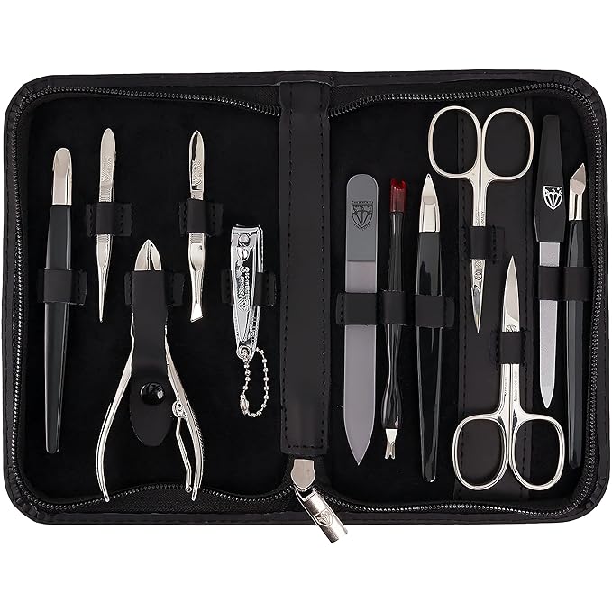 3 Swords Germany – Brand Quality 12 Piece Manicure Pedicure Grooming kit Set for Professional Finger & Toe Nail Care with Black Genuine Leather case - Made in Germany