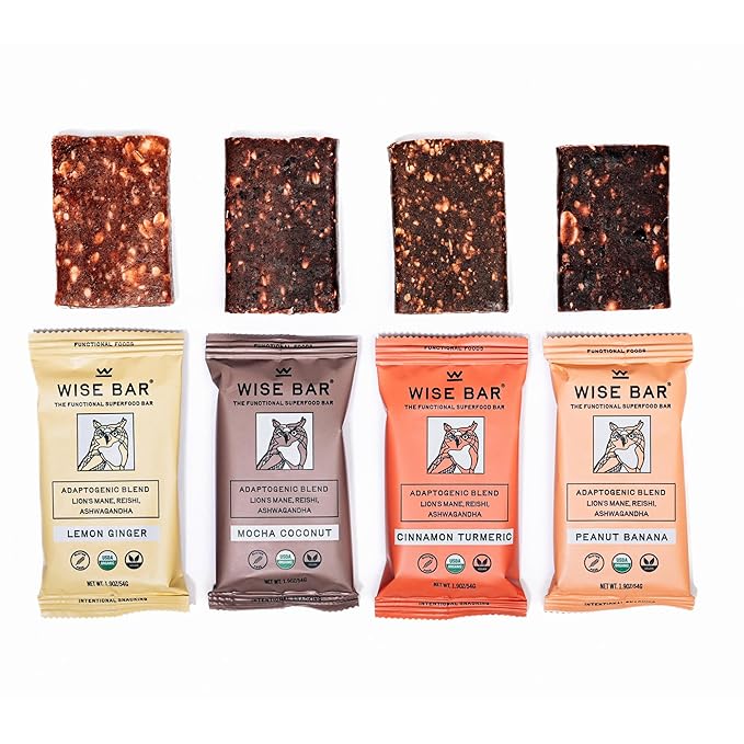 Wise Bar, Adaptogen Mushroom Bar Variety Box 12 Count , 3 Lemon Ginger, 3 Mocha Coconut, 3 Peanut Banana, 3 Cinnamon Turmeric | Functional Mushrooms and Adaptogens Bar | Organic Nutrition Energy Bars, Vegan, Gluten Free