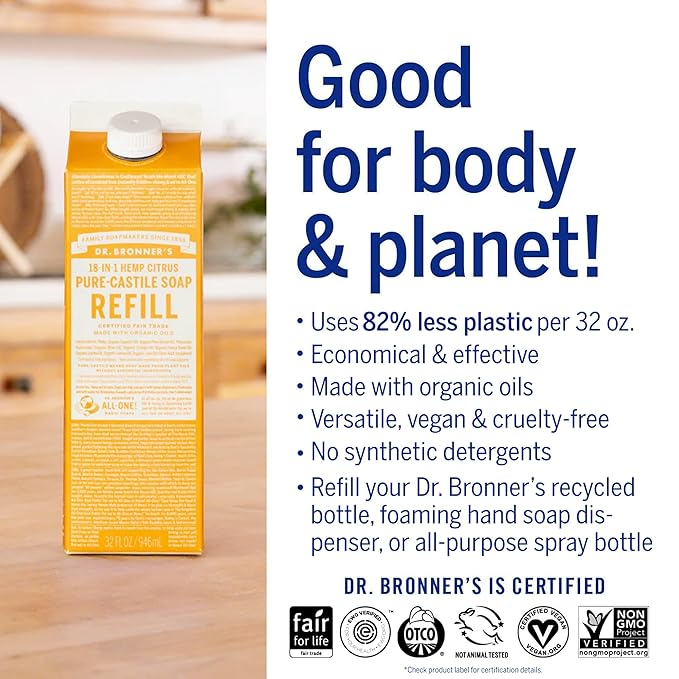 Dr. Bronner's Pure-Castile Magic Soap Liquid, Citrus, Made with Organic Oils for Body, Face, Hair, Dishes, Laundry Vegan, Natural, Non-GMO, Biodegradable, 18-in-1 Multi-Use - Citrus, 32oz + Refill