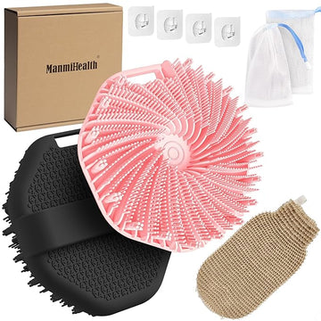 ManmiHealth 2 PCS Silicone Body Scrubber Shower Brush, Upgrade Super-Exfoliating Shower Scrubber with Non-Slip Hand Strap, Silicone Body Buffer for Use in Shower (Black+Pink)